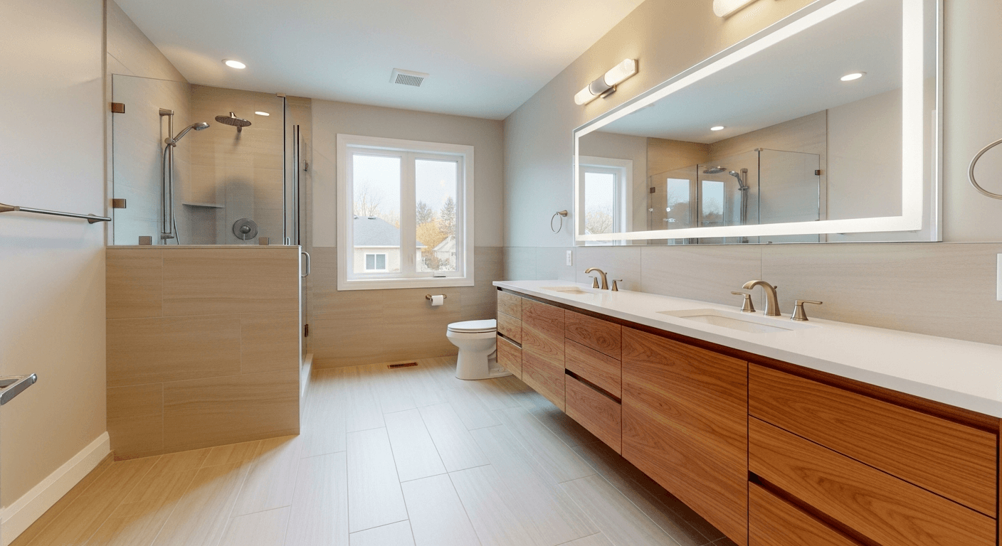 Complete cohesive modern bathroom with matching floor vanity mirror and fixtures