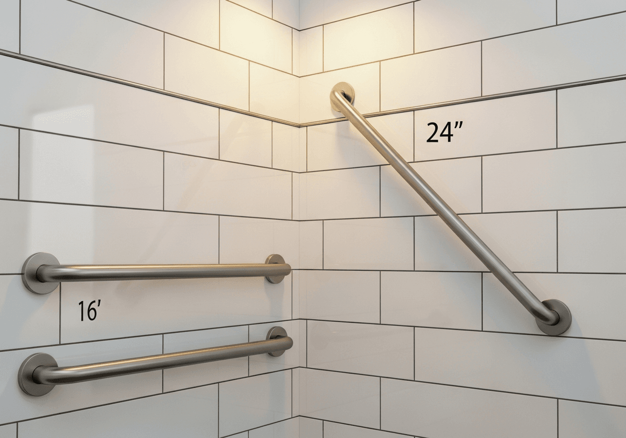 Modern brushed nickel grab bars installed in shower