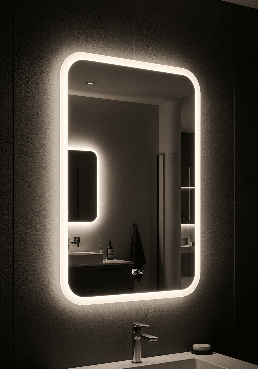 LED backlit bathroom mirror with warm ambient glow
