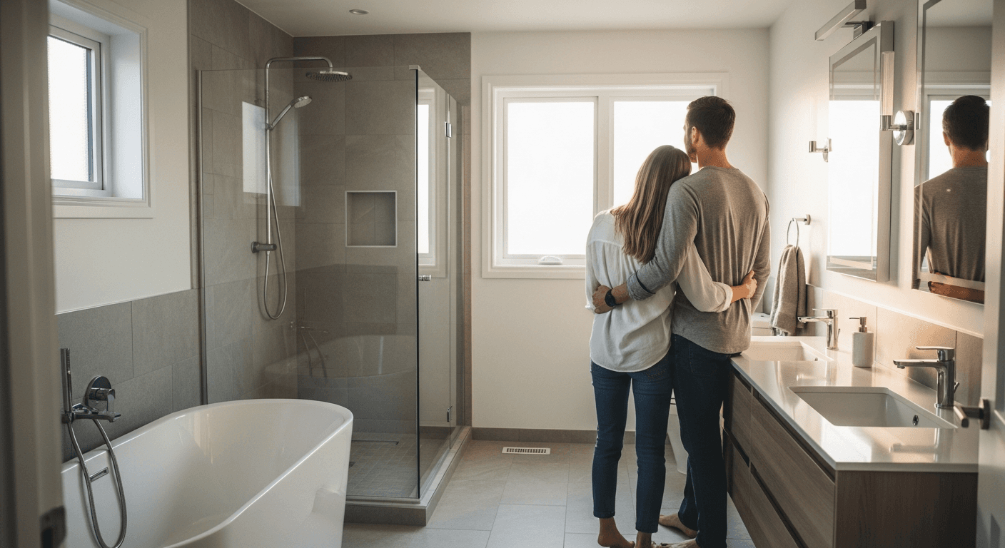 Couple admiring their newly completed modern bathroom
