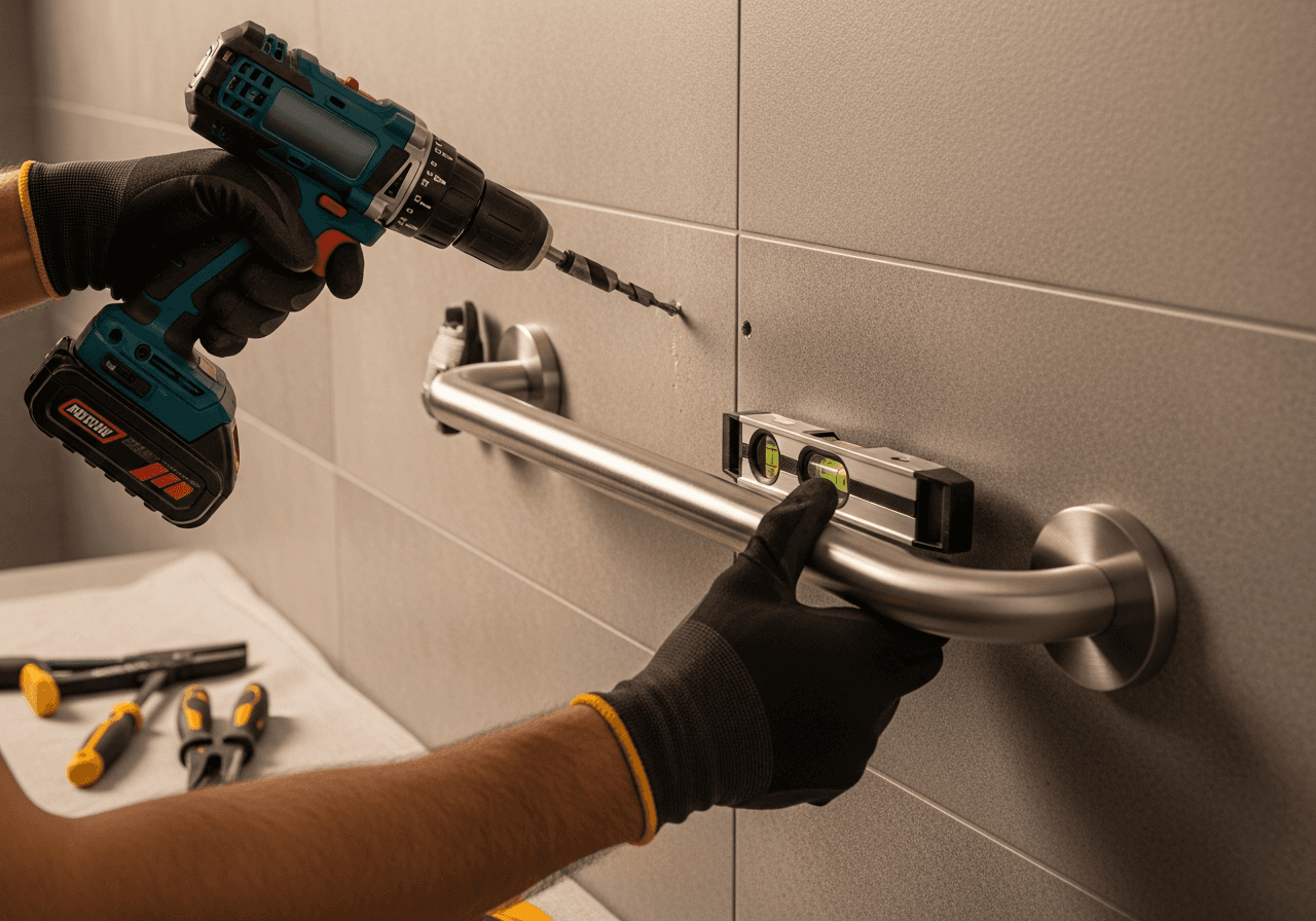 Professional grab bar installation on tile wall