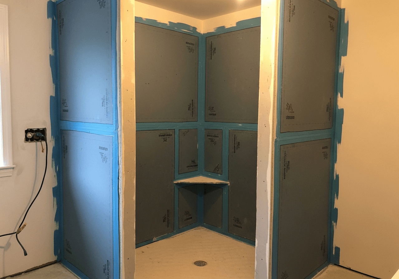 Waterproof membrane applied to shower walls during tile remodel installation