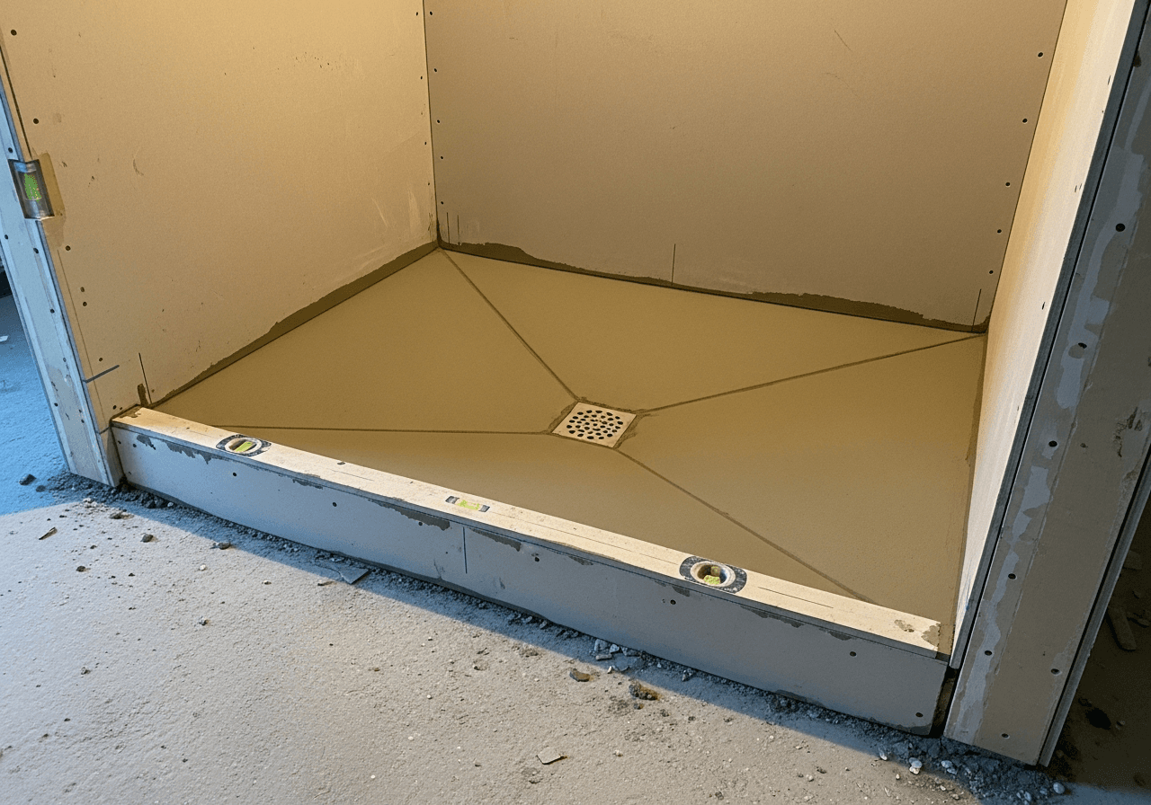 Shower base slope preparation with clean edges before tile installation