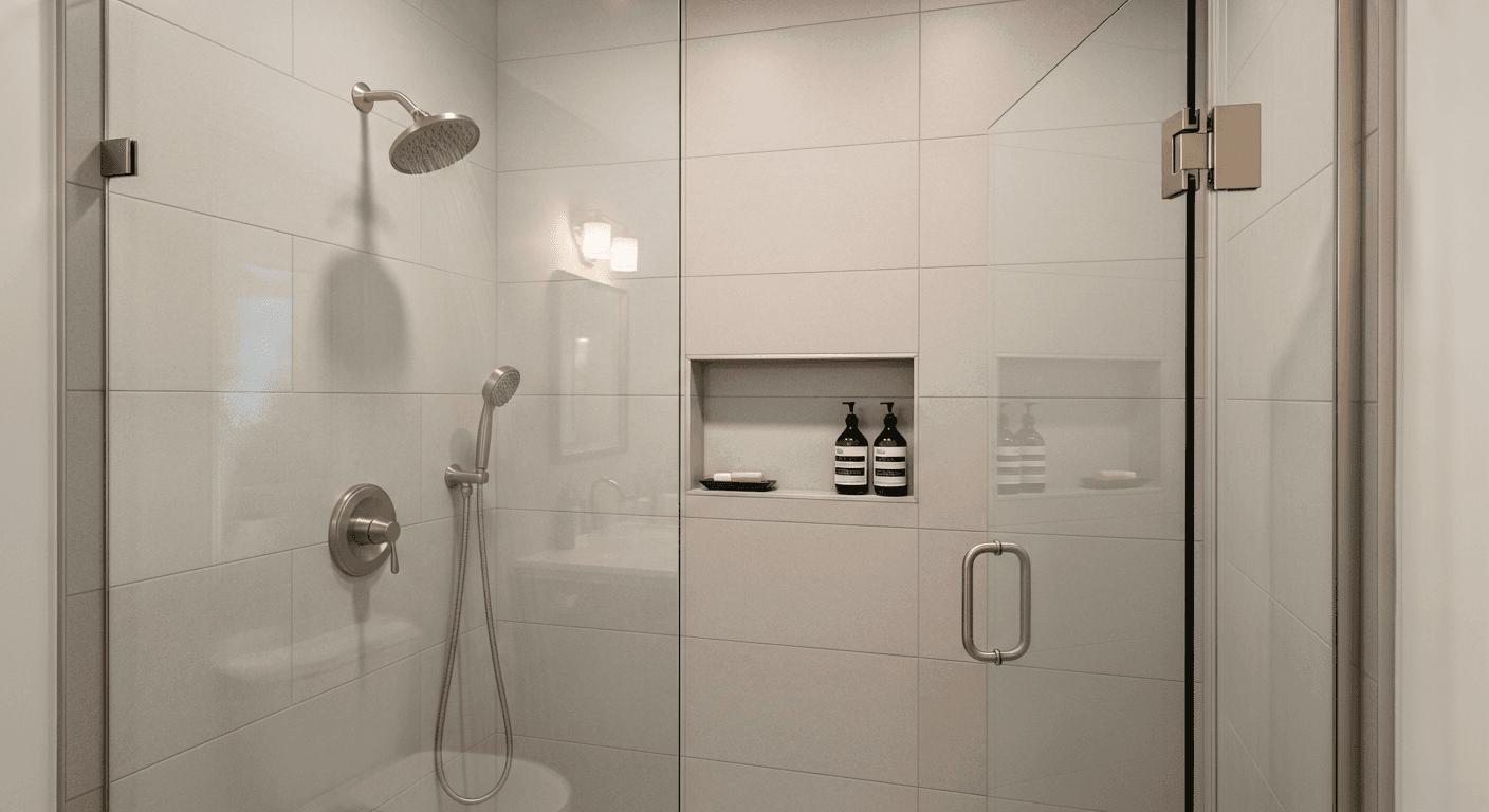 Modern porcelain tile shower with large format walls and brushed nickel fixtures Raleigh NC