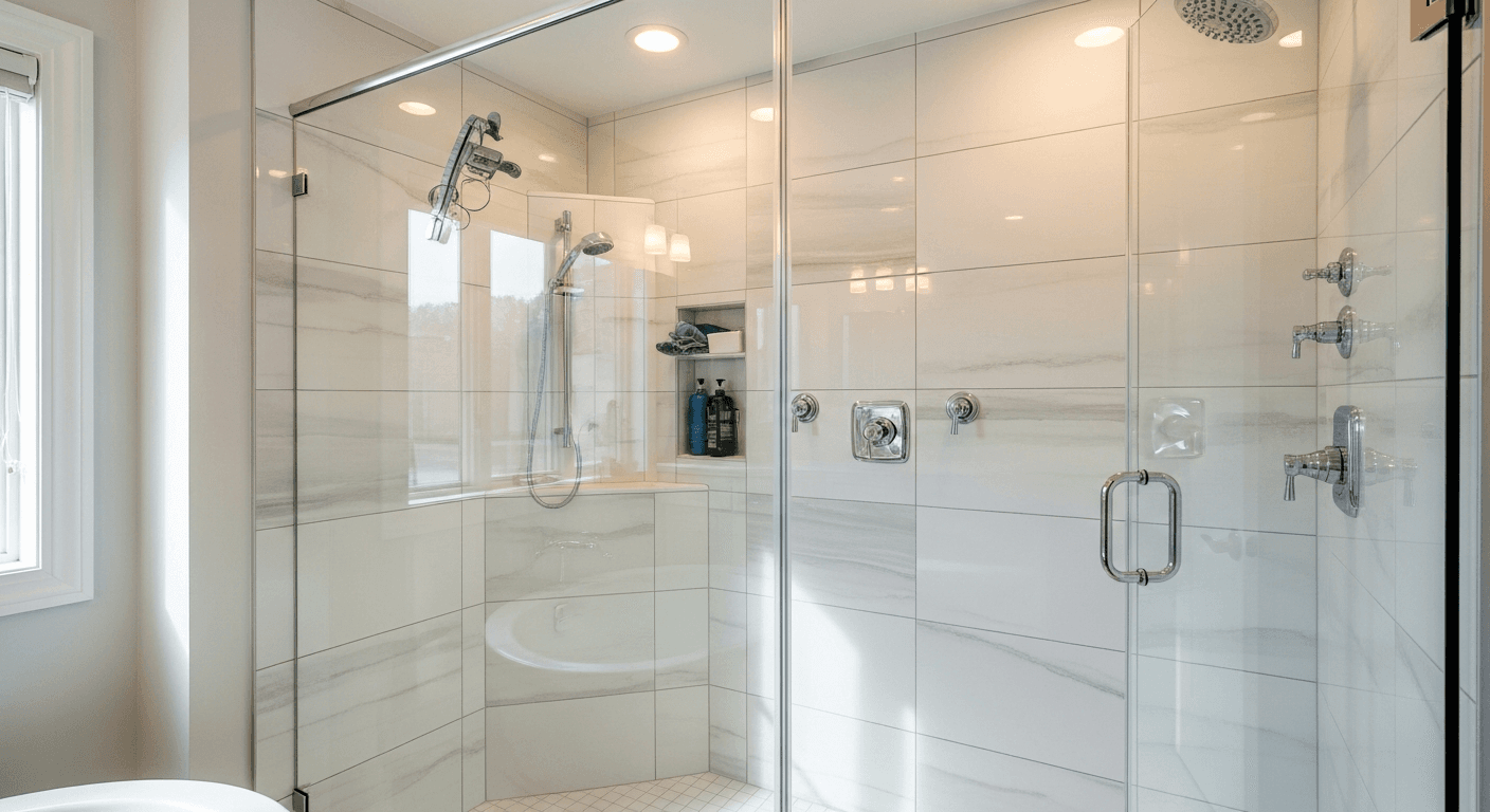 Contemporary porcelain shower with glass enclosure and niche in Triangle area home