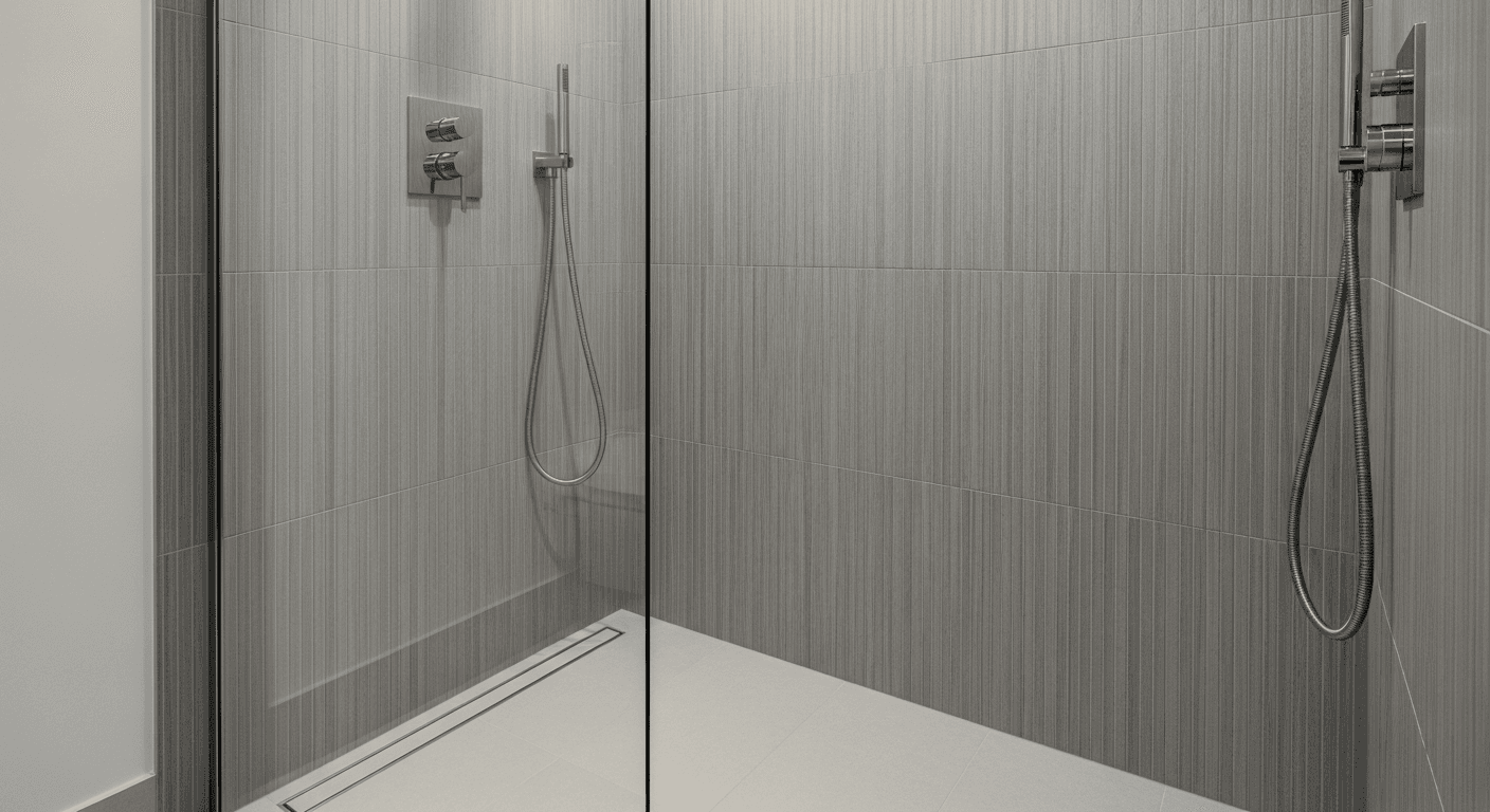 Clean modern porcelain tile shower with linear lines and minimal design