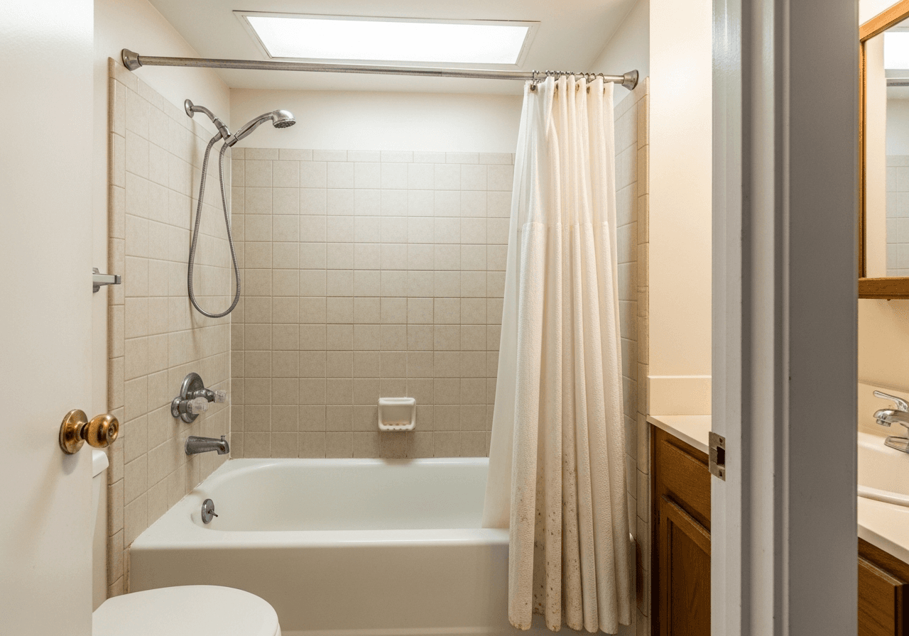 Before: old bathtub with shower curtain