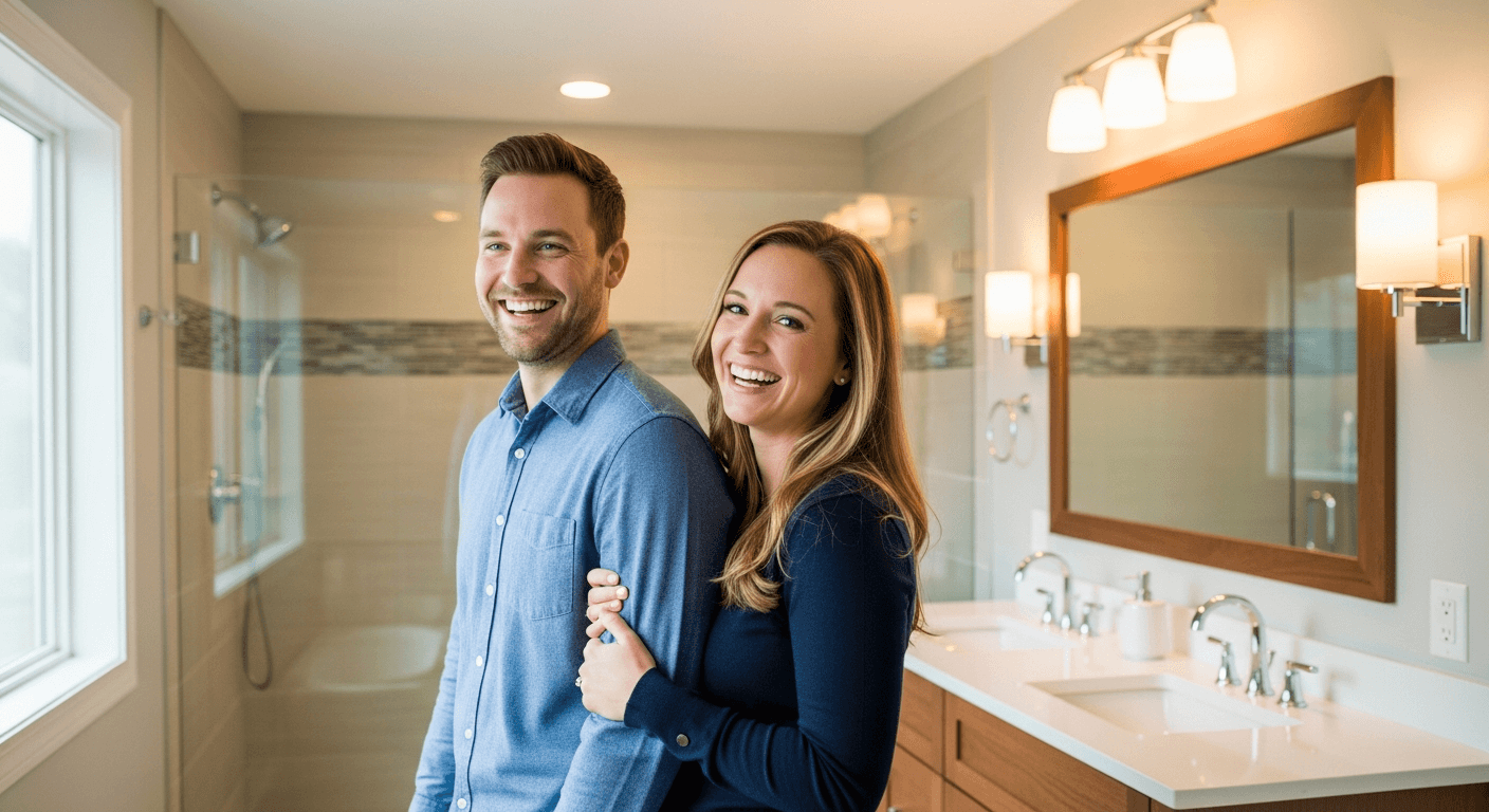 Happy Raleigh homeowners in their newly remodeled luxury bathroom with real tile shower by Showerly