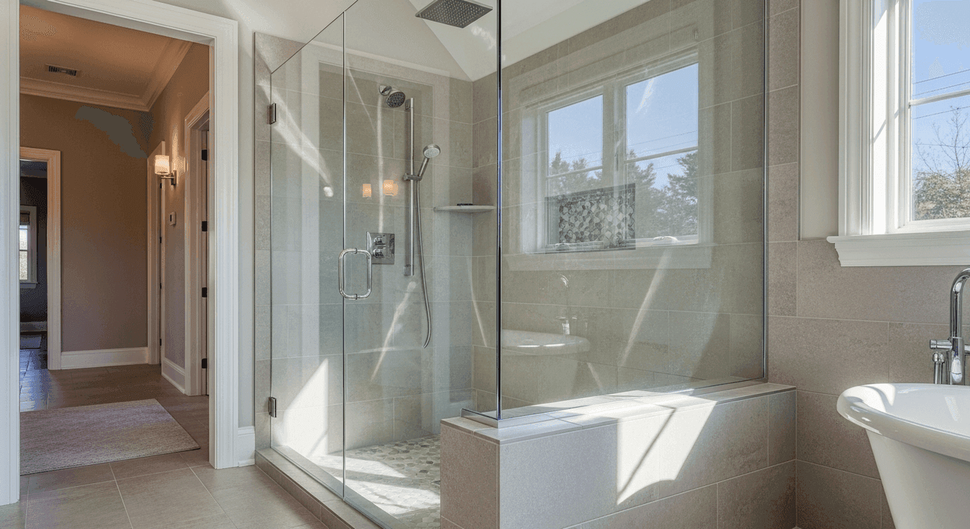 Frameless glass shower enclosure