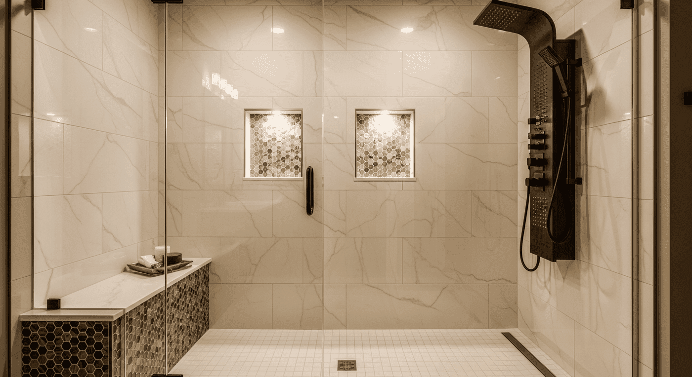 Tiled shower with a glass enclosure