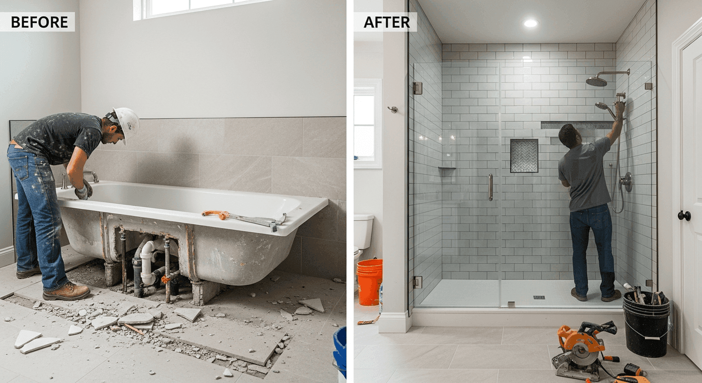 Walk-in shower where a bathtub used to be