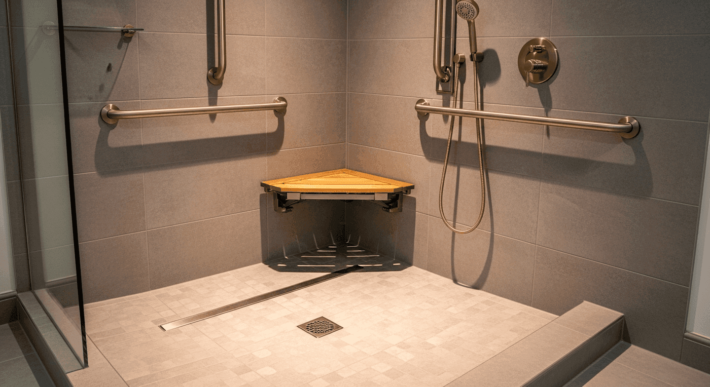 Curbless walk-in shower with grab bars, a fold-down seat and a linear drain
