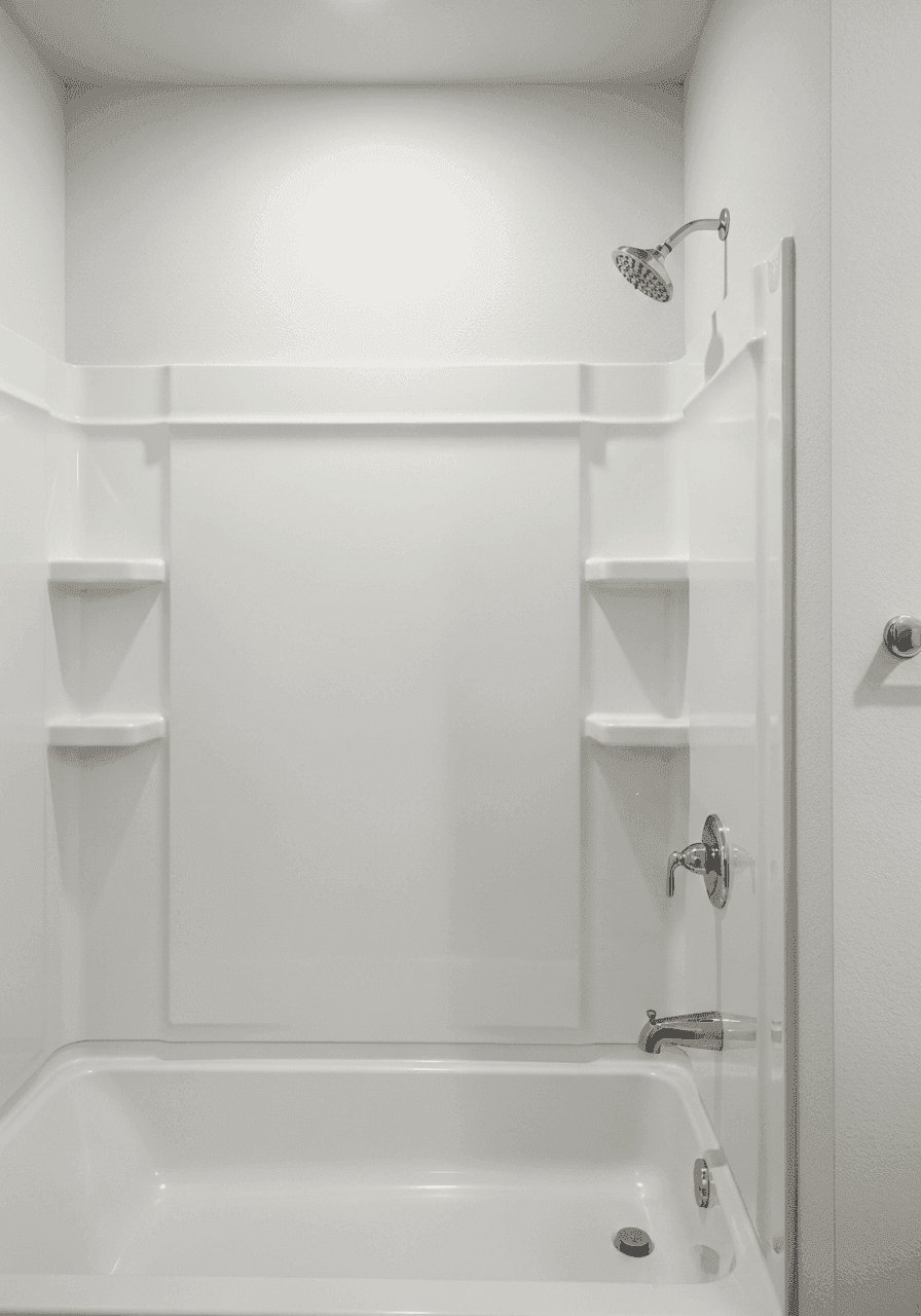White flat-panel acrylic shower surround with chrome fixtures