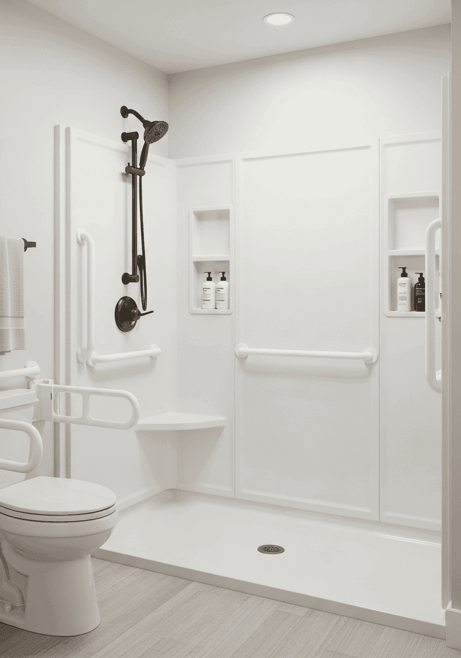 Sculpted acrylic shower surround with built-in shelves