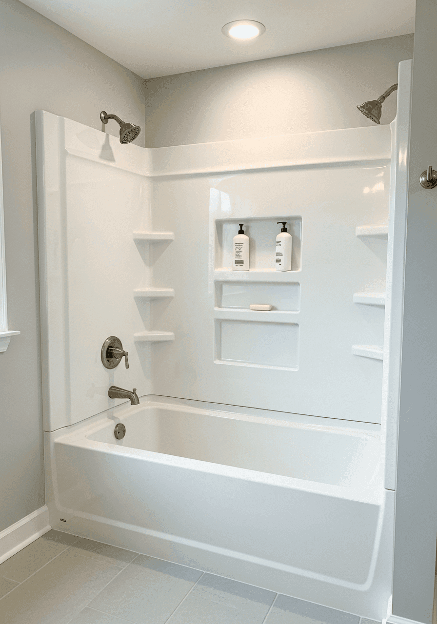 Stone-look composite shower panels with a rainfall head