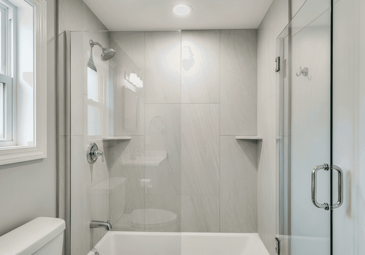 Acrylic panel walk-in shower with chrome fixtures