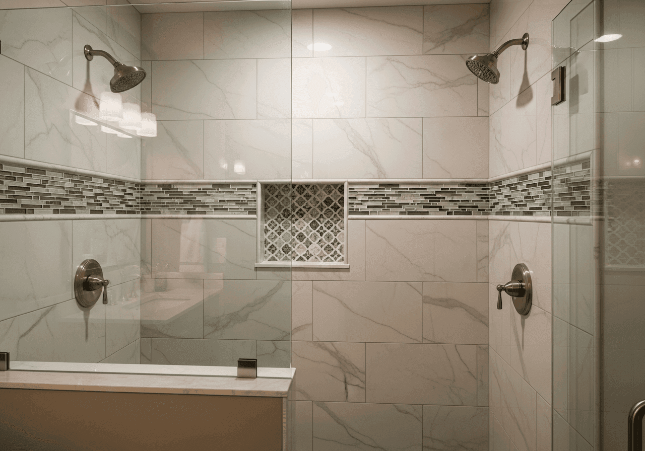 Porcelain tile walk-in shower with a mosaic band and tiled niche