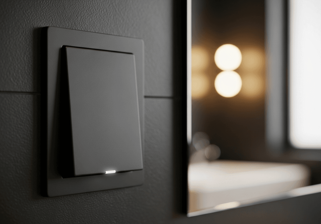 Close-up of modern matte black smart dimmer switch with warm ambient lighting