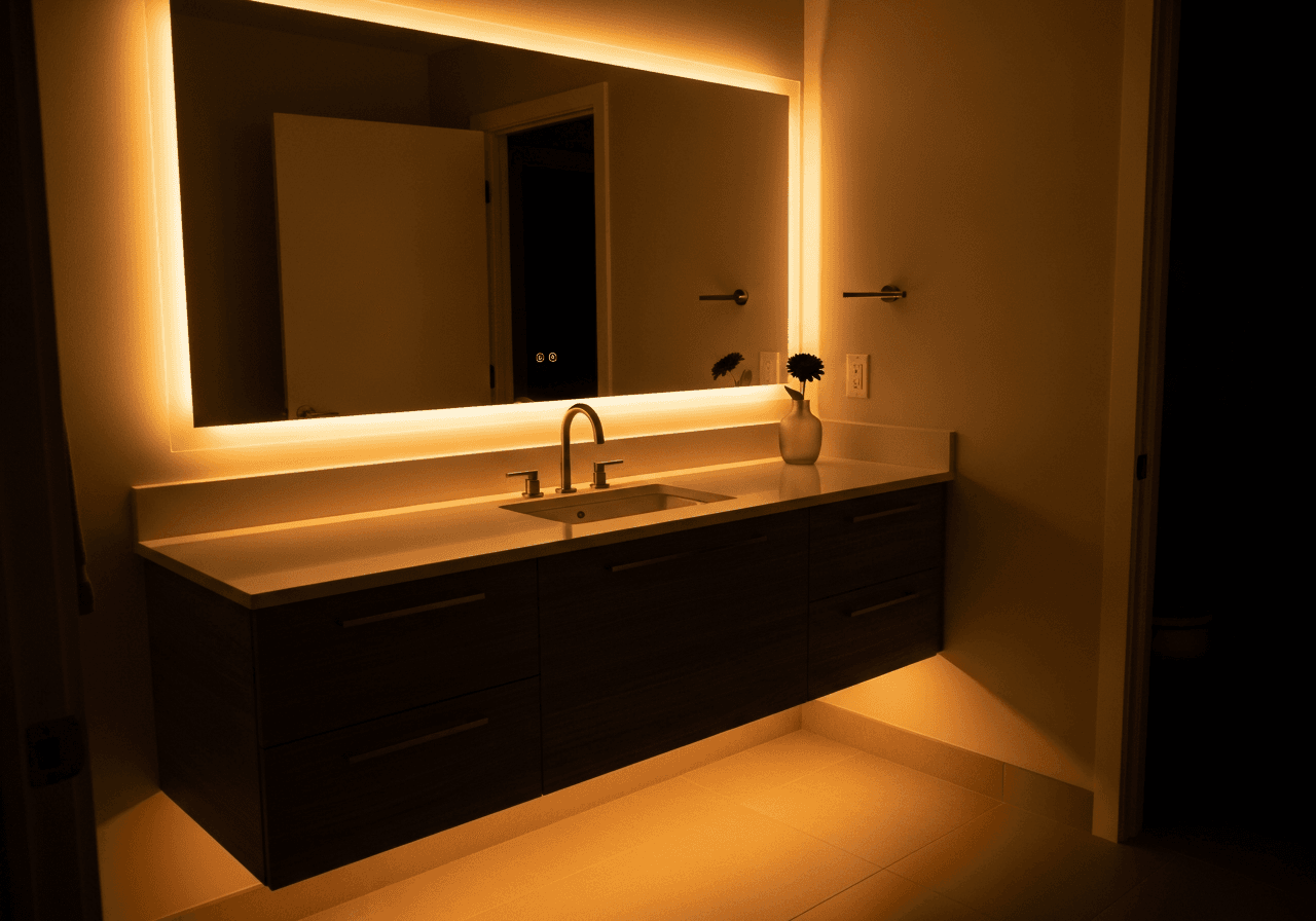 Modern bathroom vanity with warm LED mirror glow and under-cabinet ambient lighting — night mode